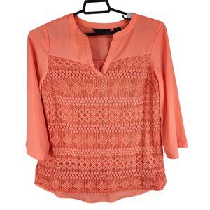 Womens Investments Coral Lace Panel Blouse Top 3/4 Sleeve V-Neck Size M